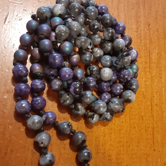 BEAUTIFUL- Handmade Charoite, Larvikite, Rainbow Titanium, Agate, Hemp Necklace - Picture 2 of 5